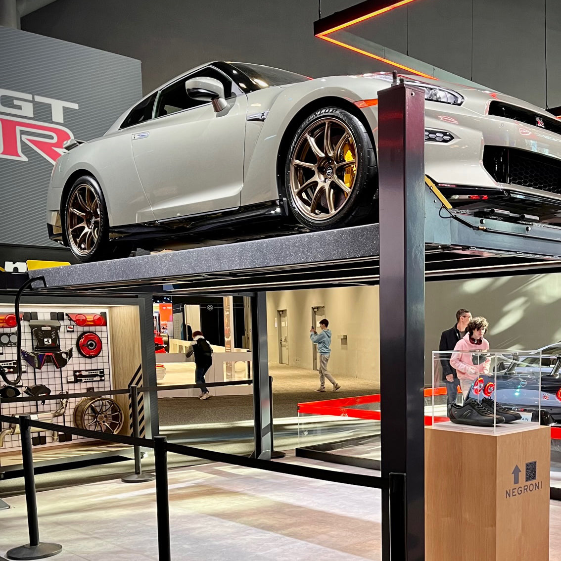 Driving shoes of the GT-R NISMO are displayed on the Nissan stage at the NYIAS.